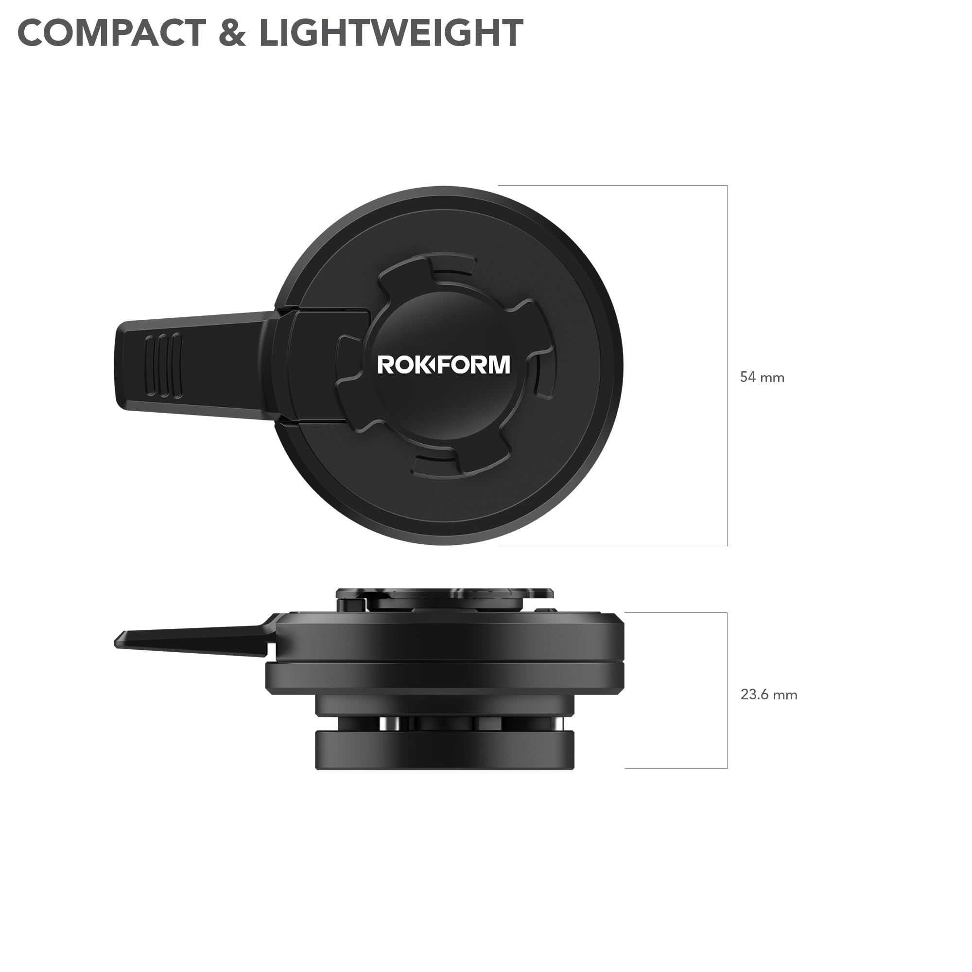 Rokform dampener beside smartphone for scale showing compact size with protective benefit