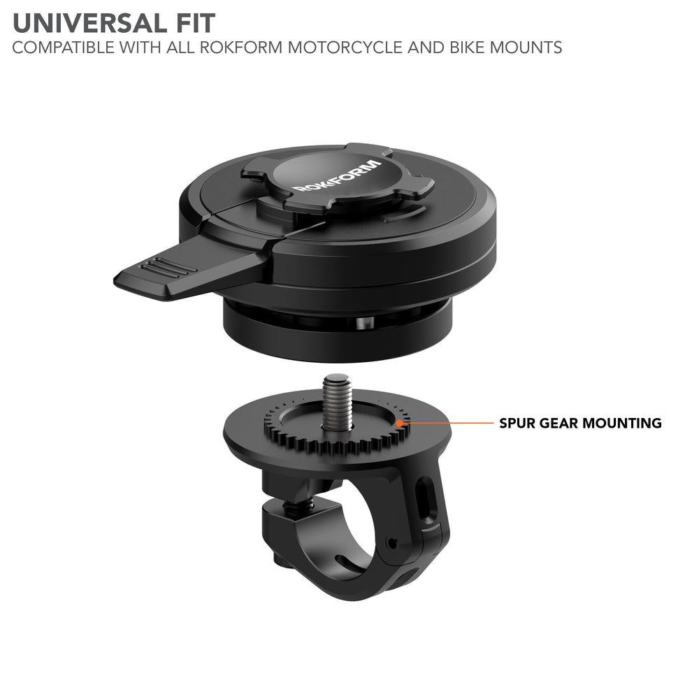 Rokform dampener connected to twist-lock case showing tool-free access and secure attachment