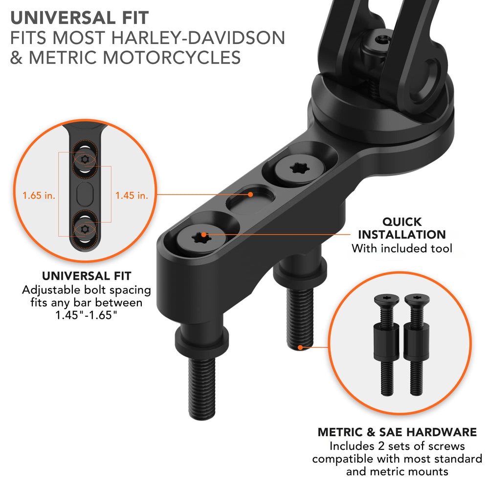 Rokform mounted on Harley perch illustrating stable placement and riding visibility benefit