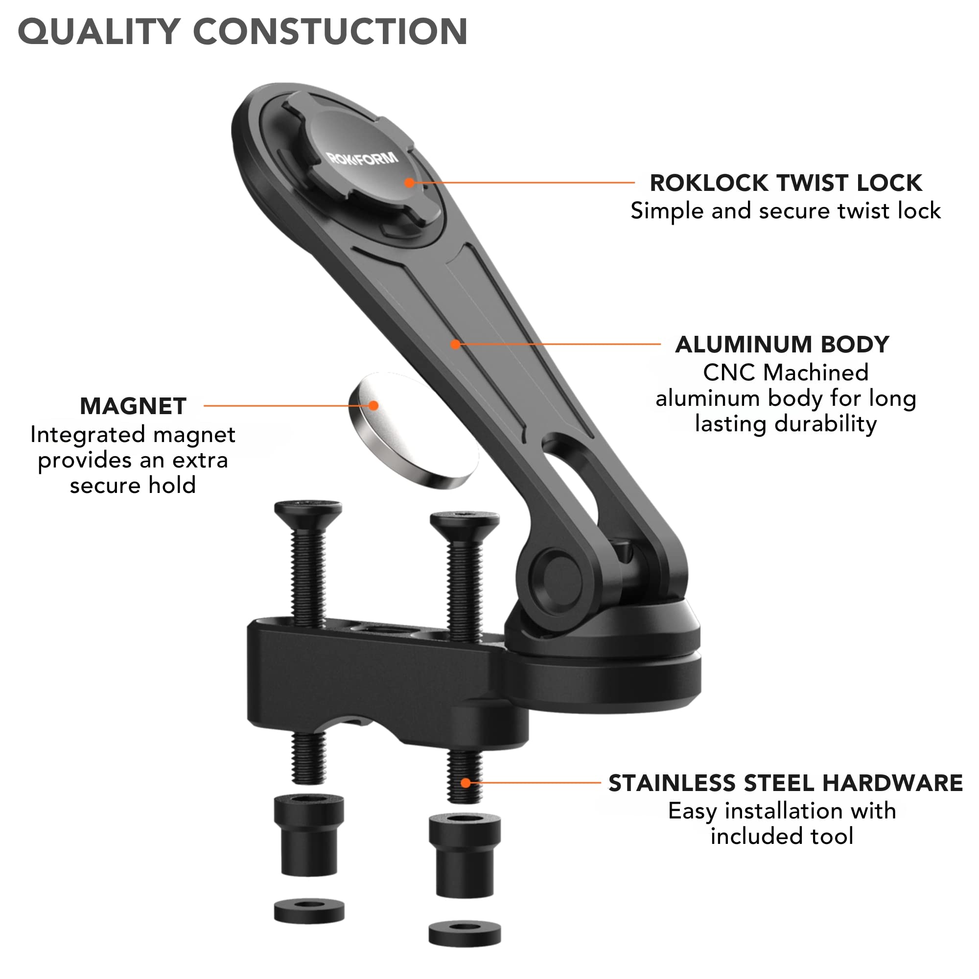Rokform quad-tab lock detail displaying twist-lock mechanism for secure phone retention