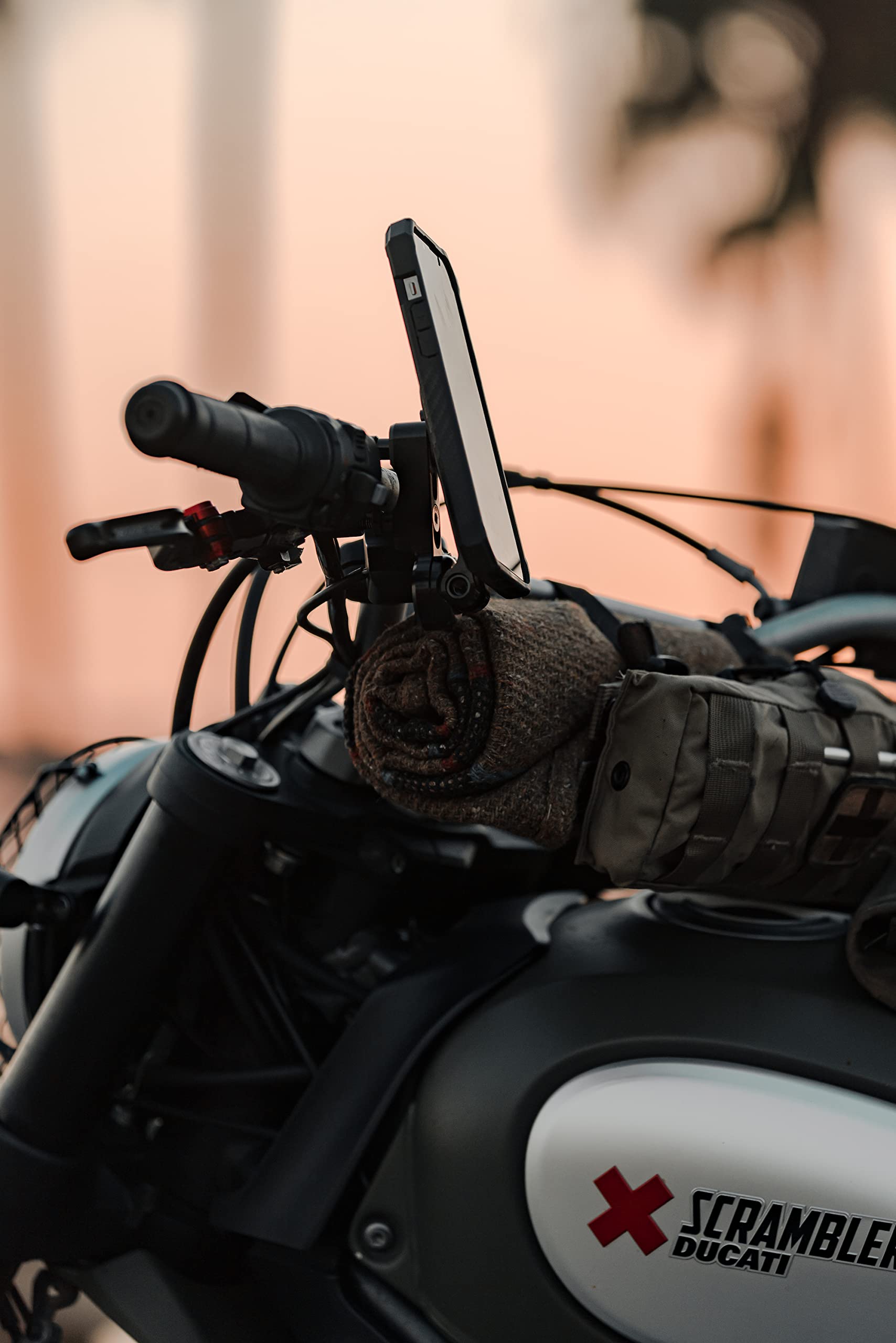 Rokform rider view lifestyle shot showing mounted phone navigation and hands-free safety
