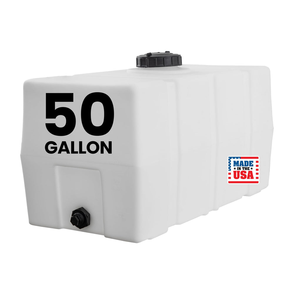 RomoTech front view of square 50 gallon tank showing compact profile and benefit of space savings