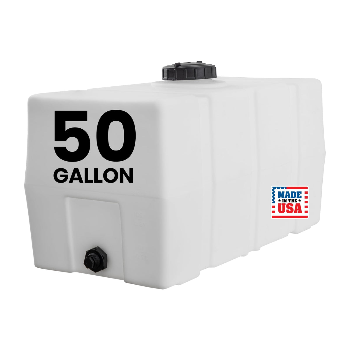 RomoTech front view of square 50 gallon tank showing compact profile and benefit of space savings