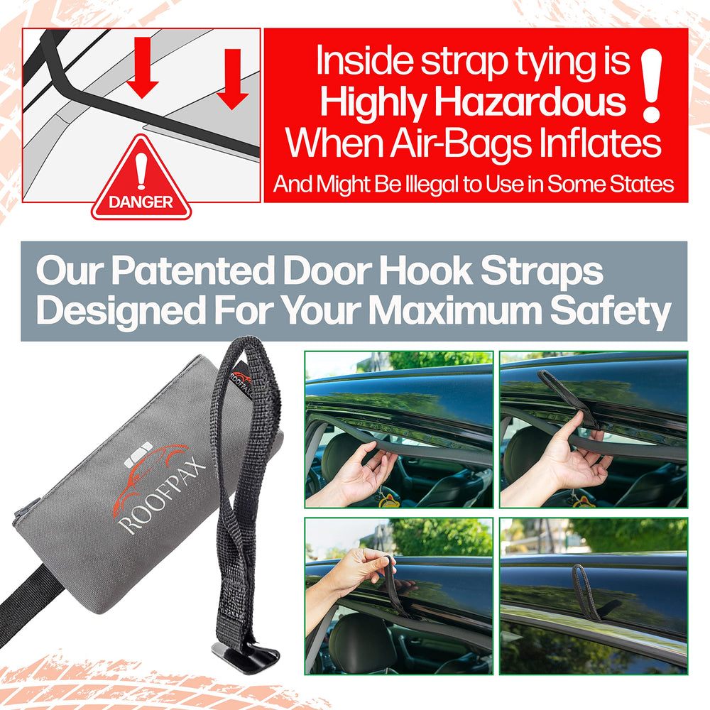 RoofPax storage bag with included straps and door hooks ready for compact transport