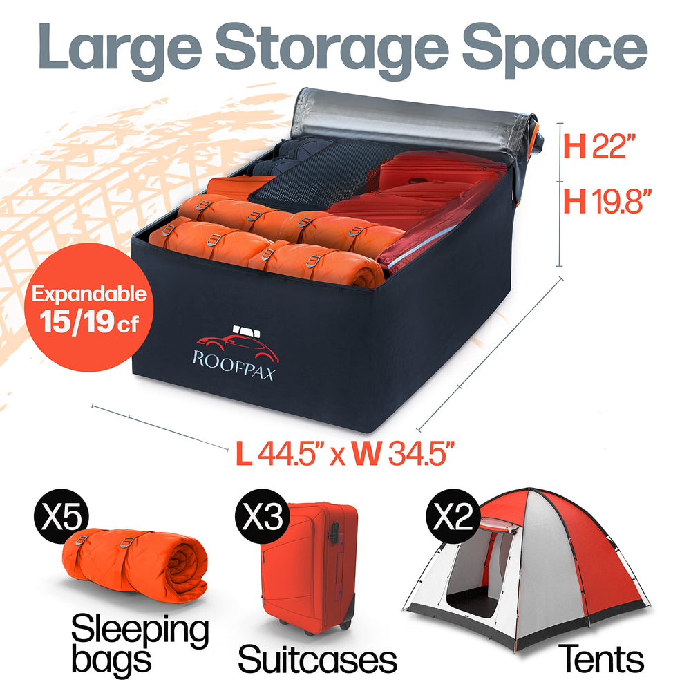 RoofPax heavy-duty tie-down straps and Velcro covers arranged to show anti-flap security