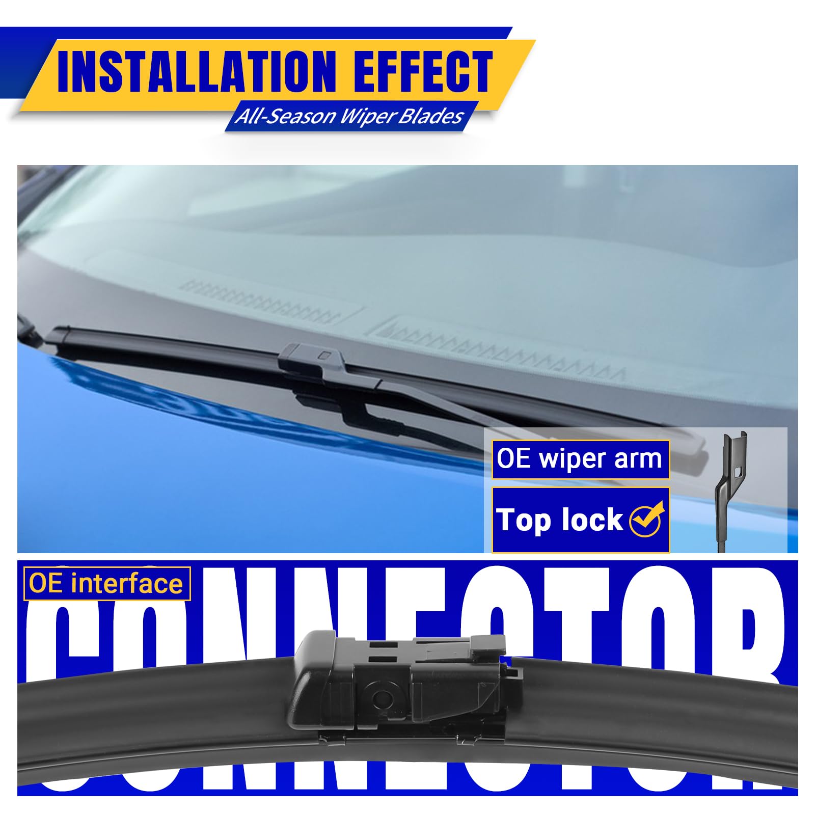 Rooppa 17‑inch passenger blade detail showing secure mounting and rubber blade benefit