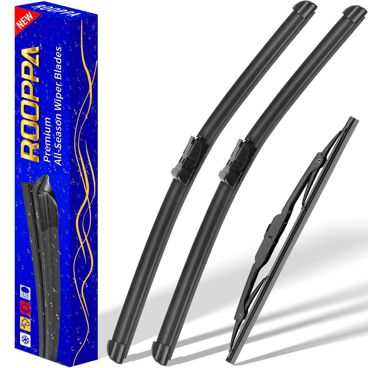 Rooppa front packaging 3‑wiper set showing included blades and manual for easy fitment