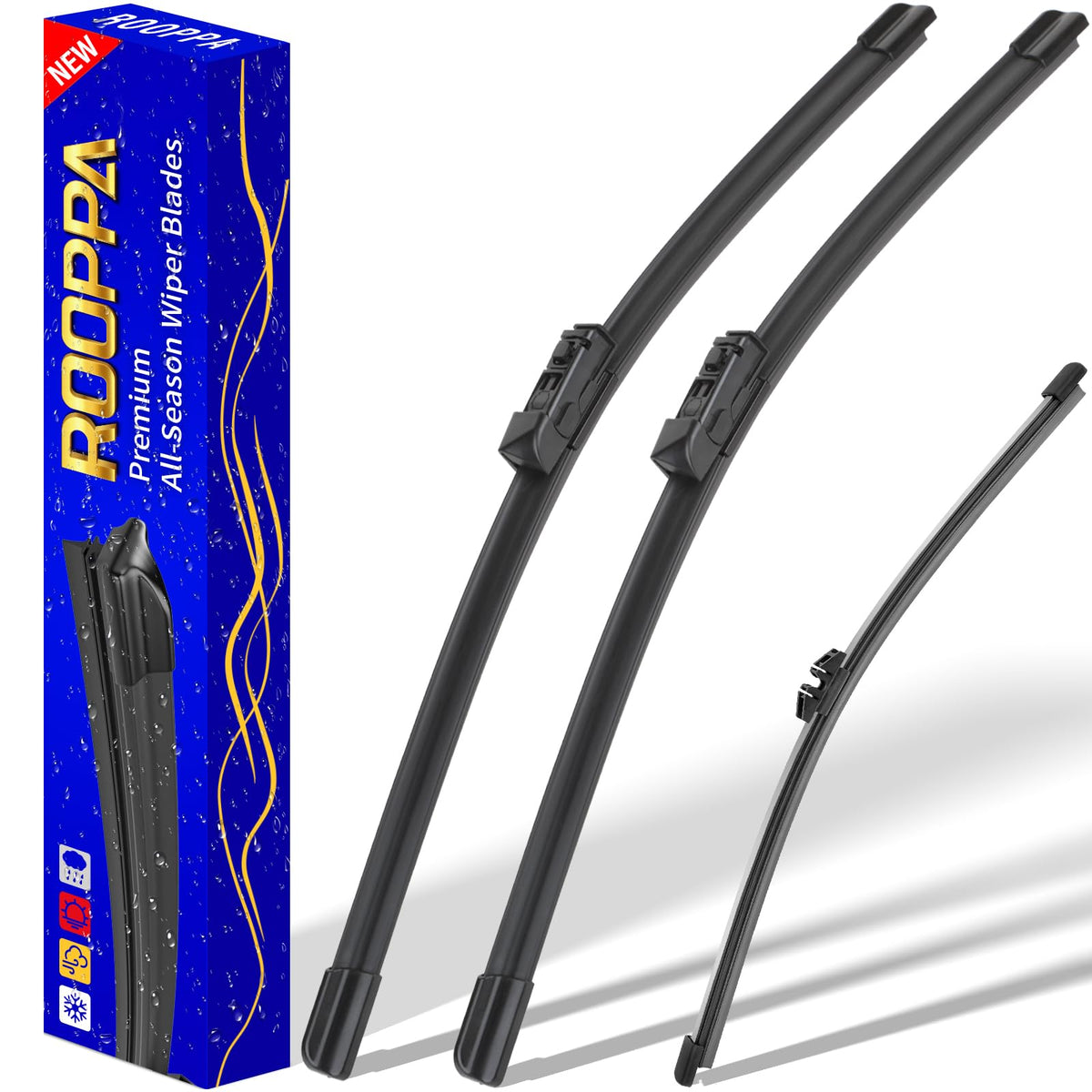 Rooppa front packaging for BMW X3 X4 showing complete blade set and fitment benefits