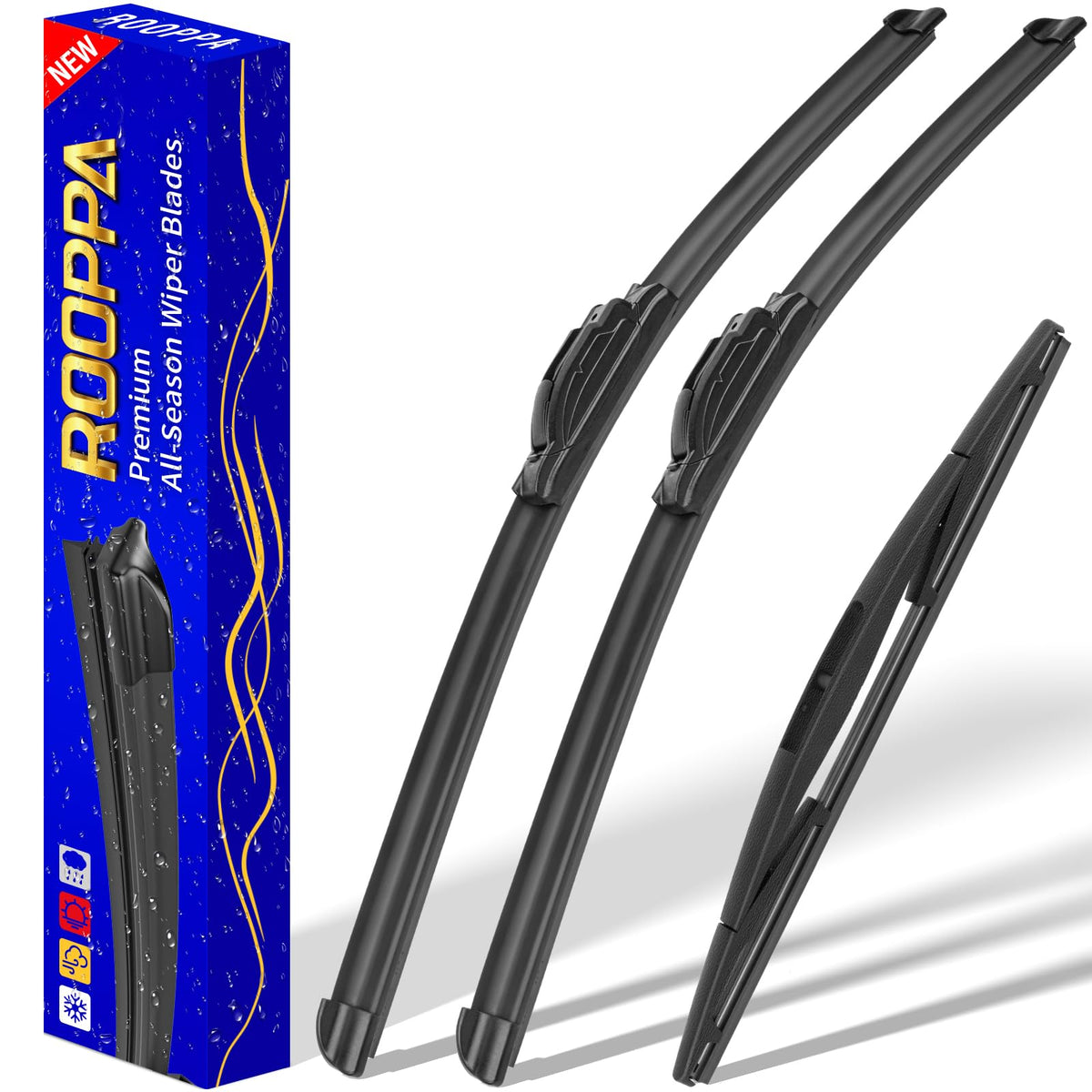 Rooppa front packaging showing 3-pack wiper blades and included manual for quick fit