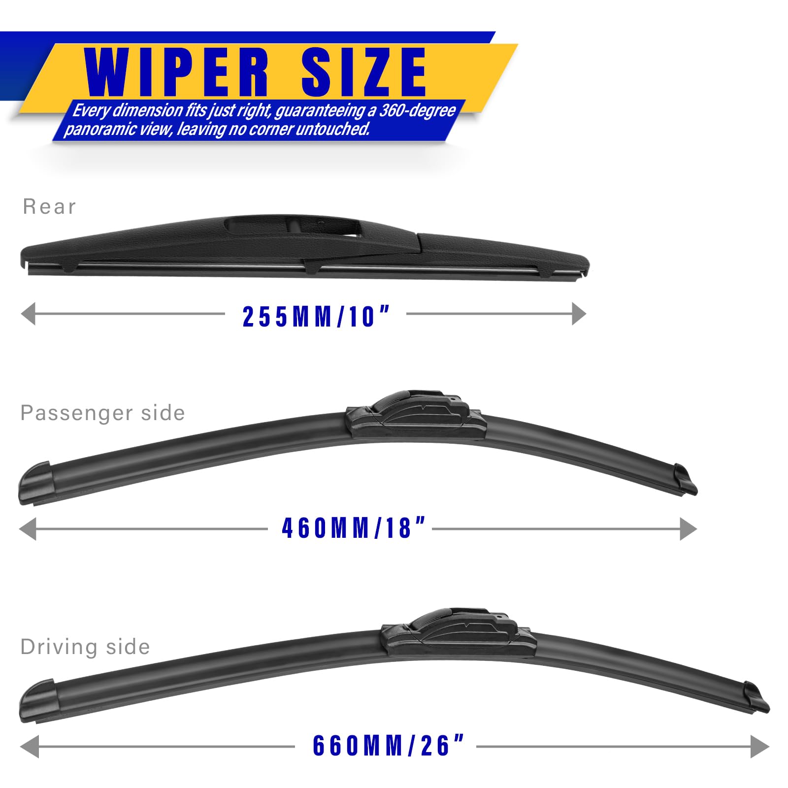 Rooppa blades laid flat showing 26, 18, 10 inch lengths, illustrating exact fit sizes