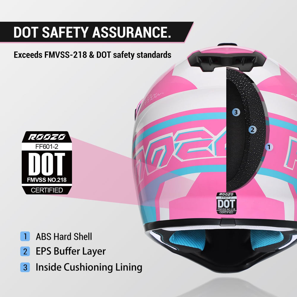 ROOZO helmet visor detail highlighting sun-blocking and adjustable angle