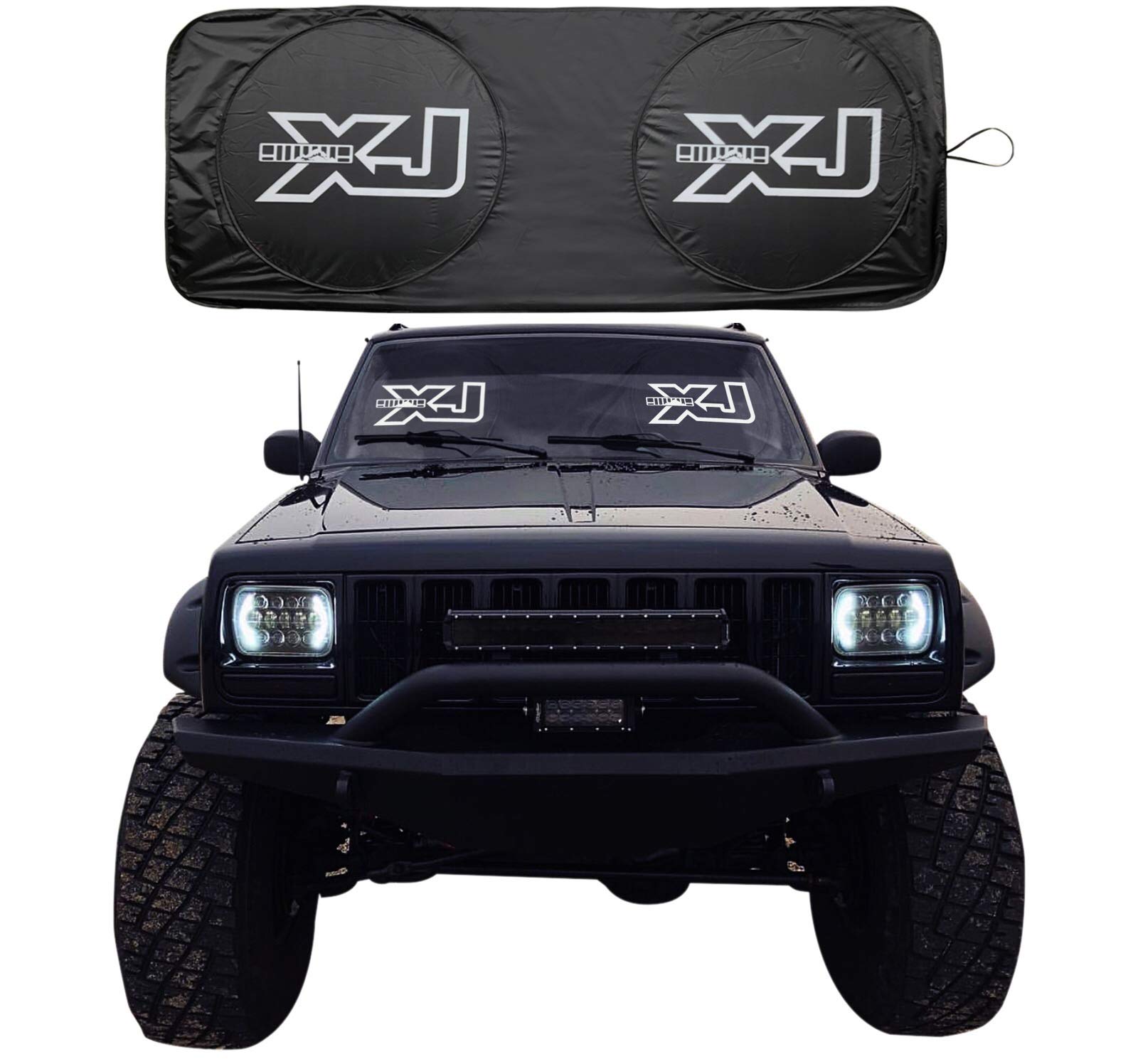 Rorex sunshade front packaging showing fit for Cherokee XJ and benefits