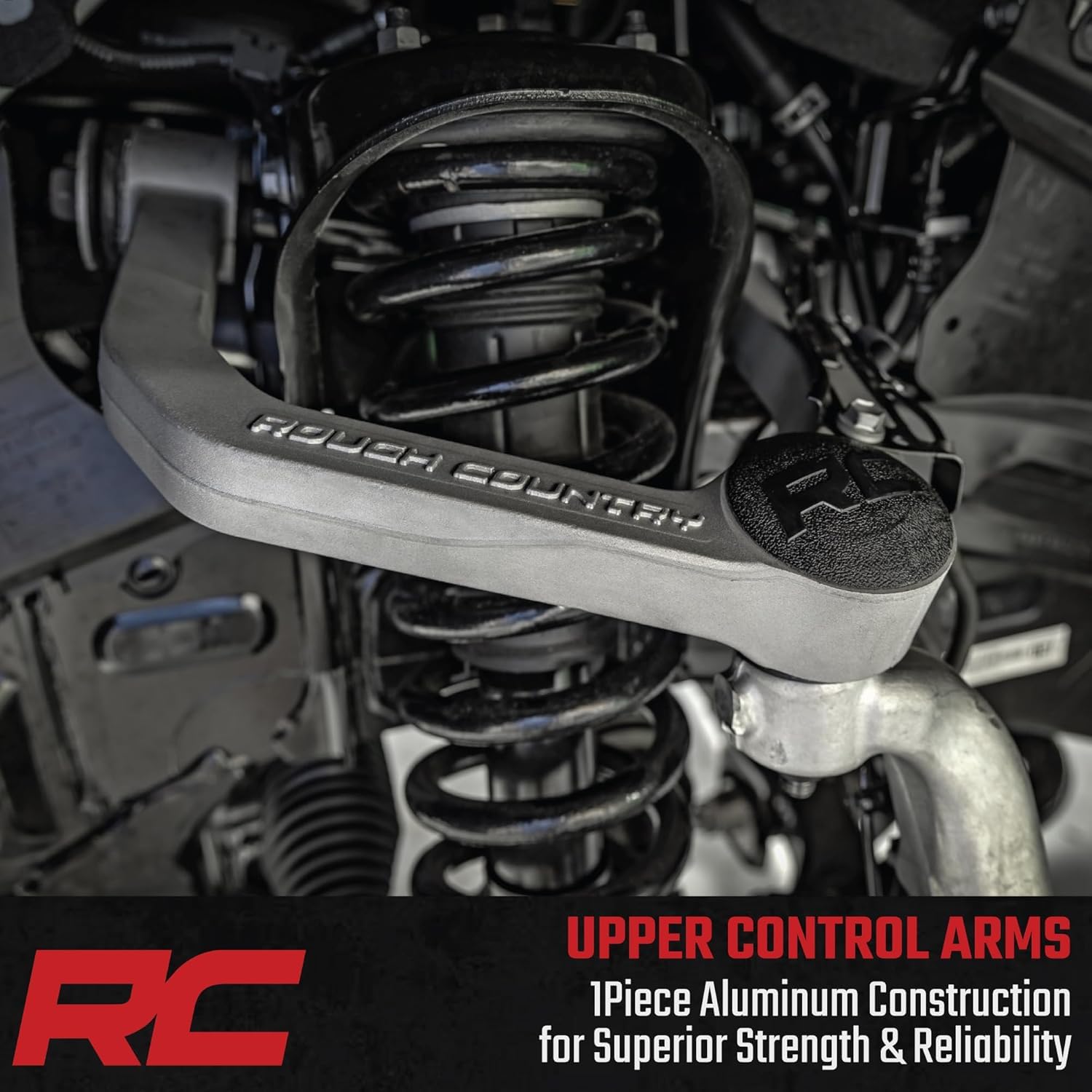 Rough Country control arm beside ruler showing scale and precise dimensions