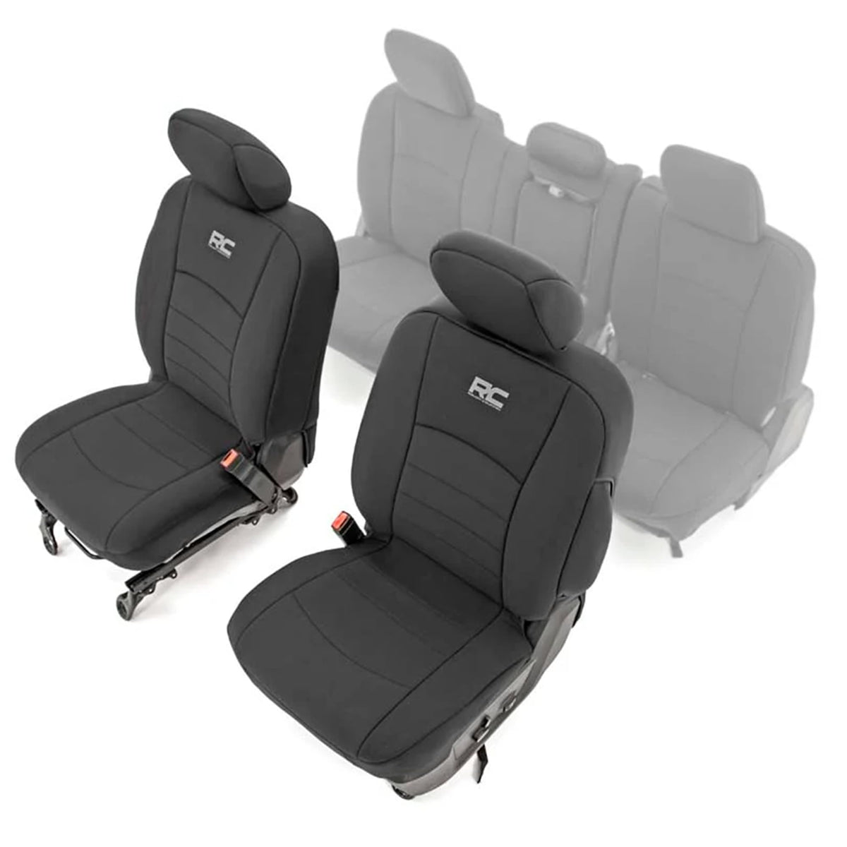 Rough Country front seat covers packaging showing included parts and fit benefits