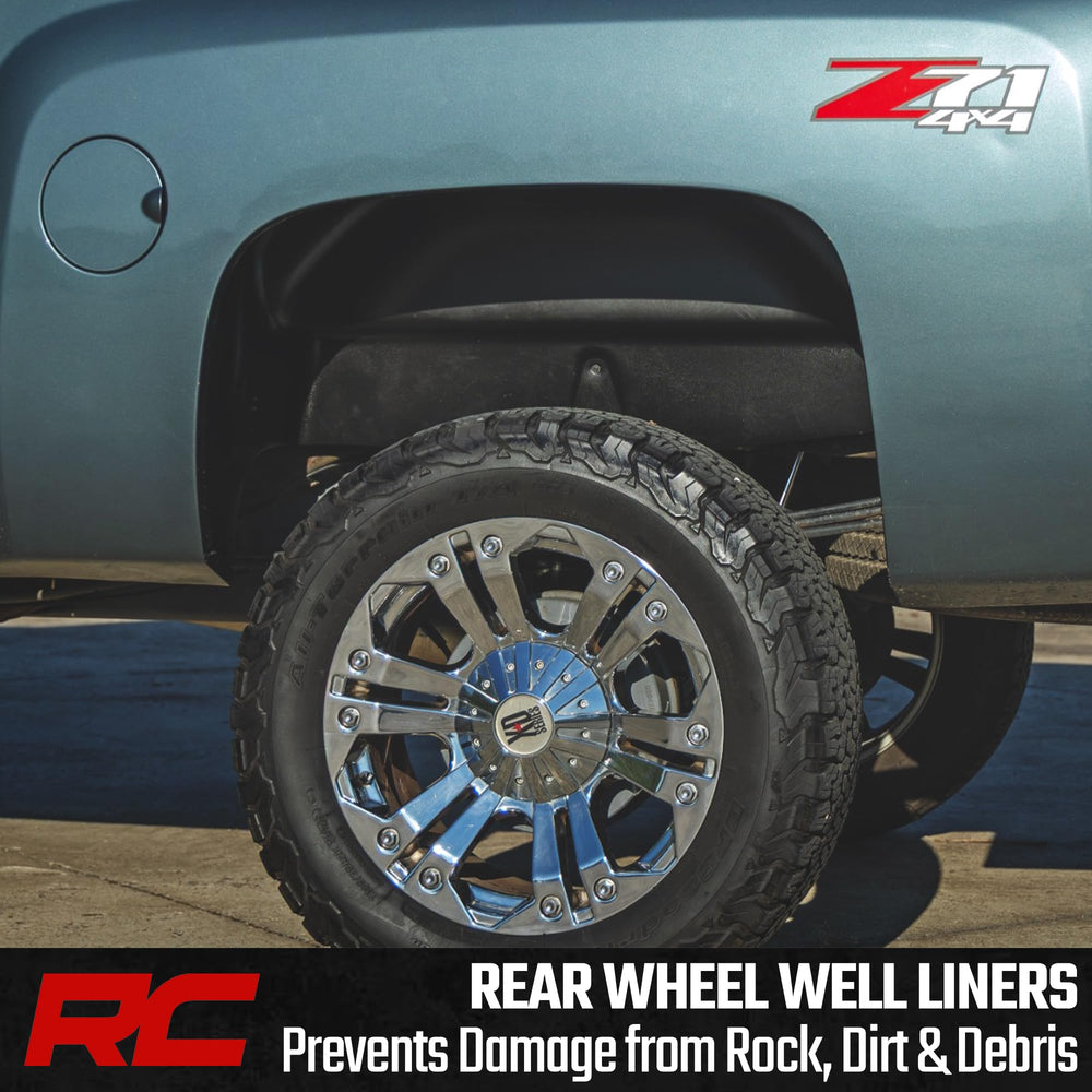 Rough Country liners installed on Silverado rear wheel well for cleaner appearance