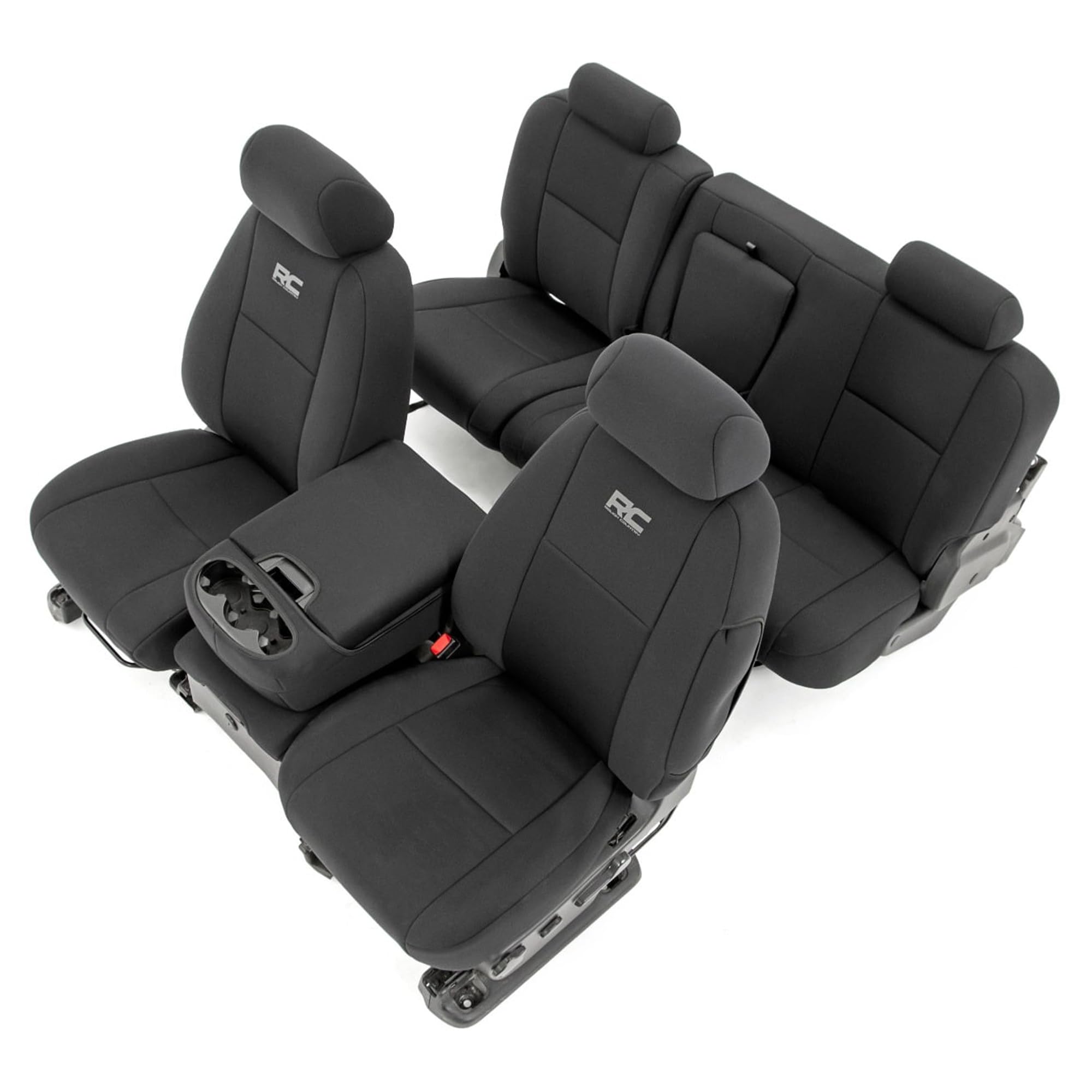 Rough Country front seat cover showing snug factory-style fit and protection