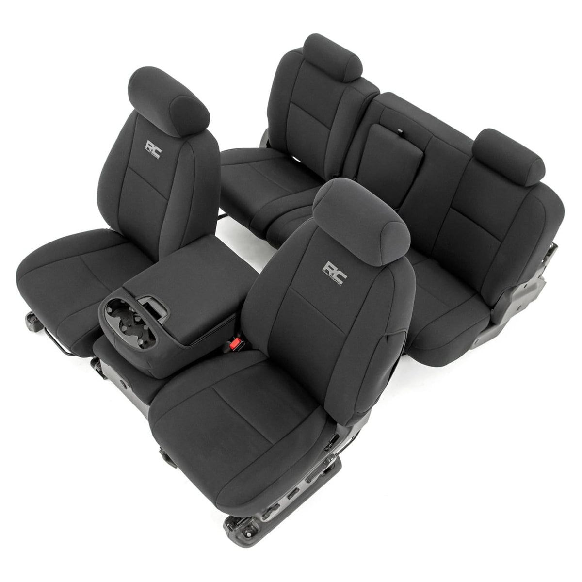 Rough Country front seat cover showing snug factory-style fit and protection