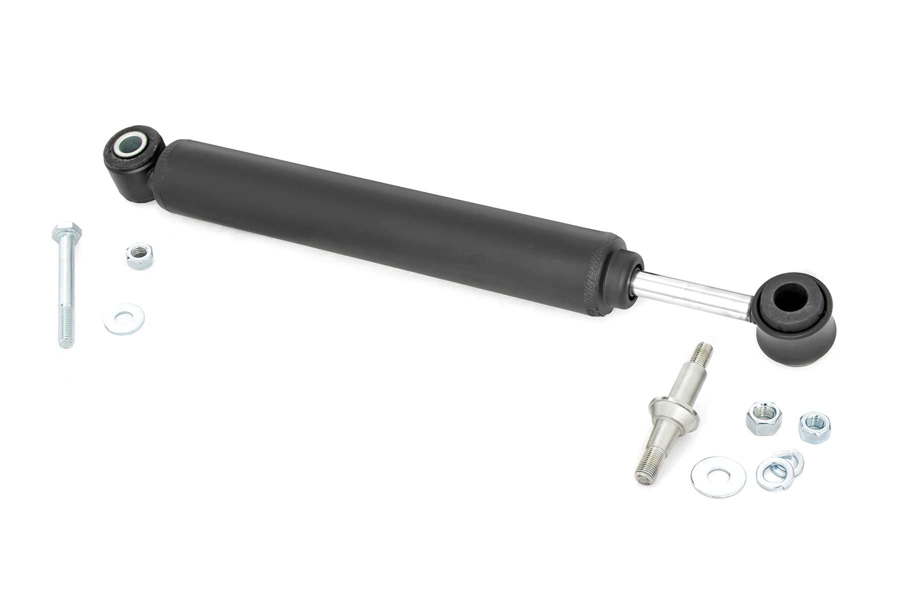 Rough Country steering stabilizer front view showing robust construction and improved control