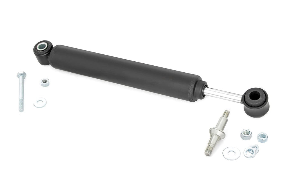 Rough Country steering stabilizer front view showing robust construction and improved control