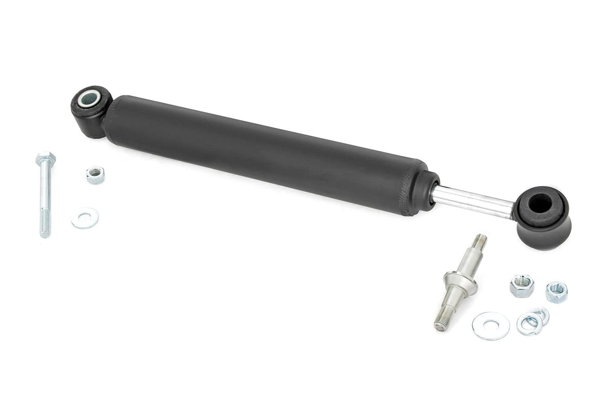 Rough Country steering stabilizer front view showing robust construction and improved control