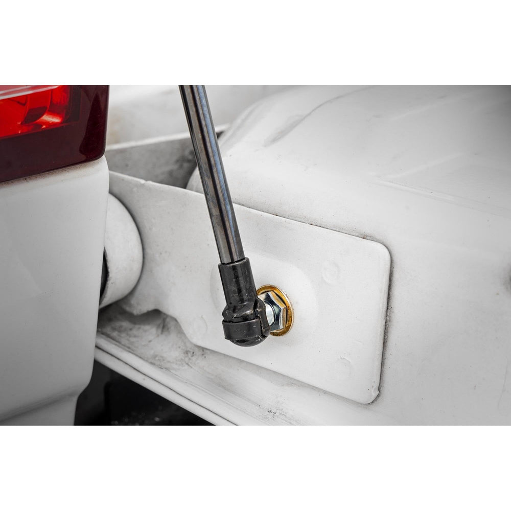 Rough Country installed on Ram truck demonstrating controlled tailgate lowering benefit