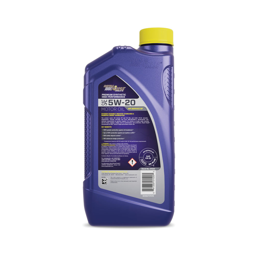 Royal Purple close-up of bottle label highlighting viscosity and specs benefit