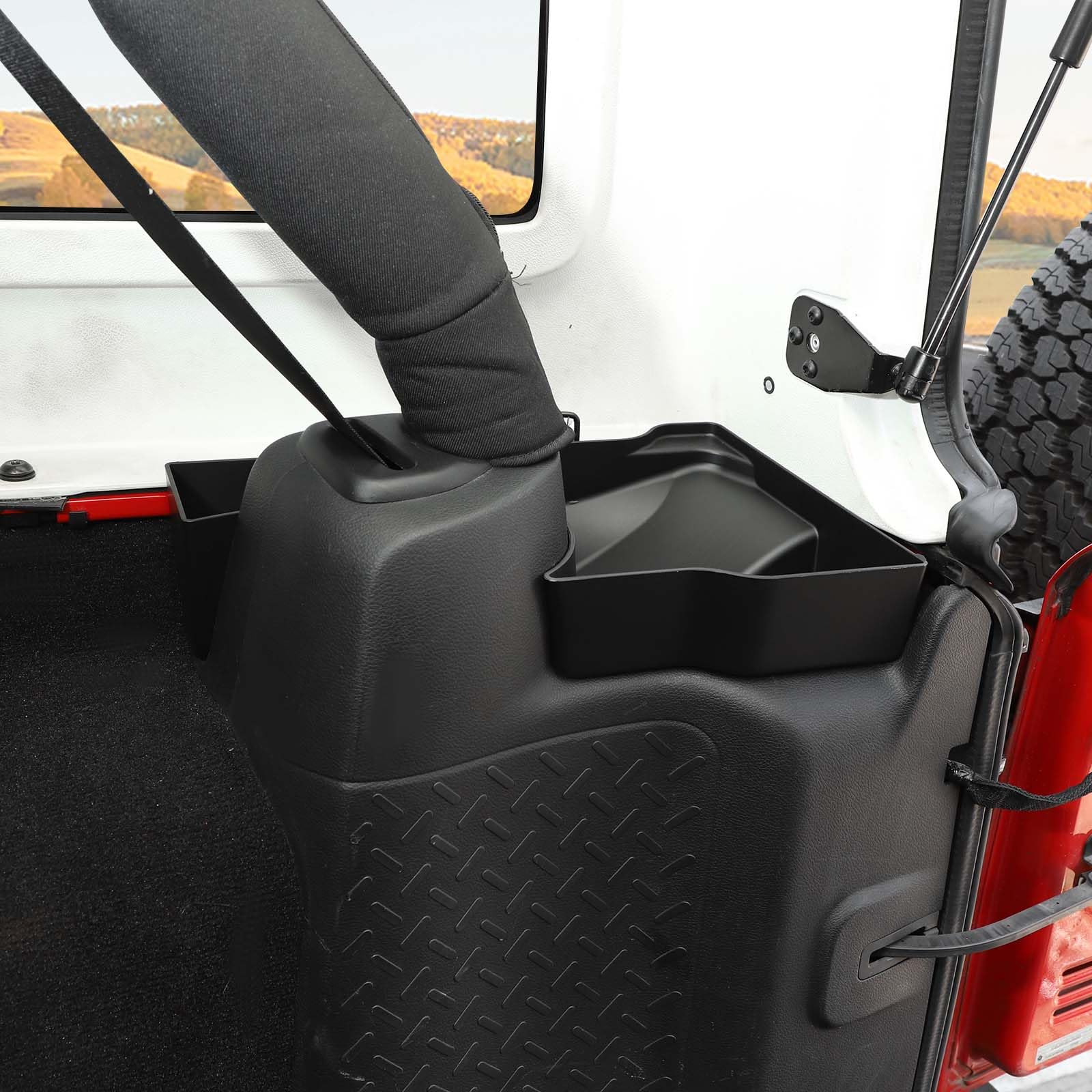 RT-TCZ tray in Jeep with open trunk showing lifestyle organization benefit