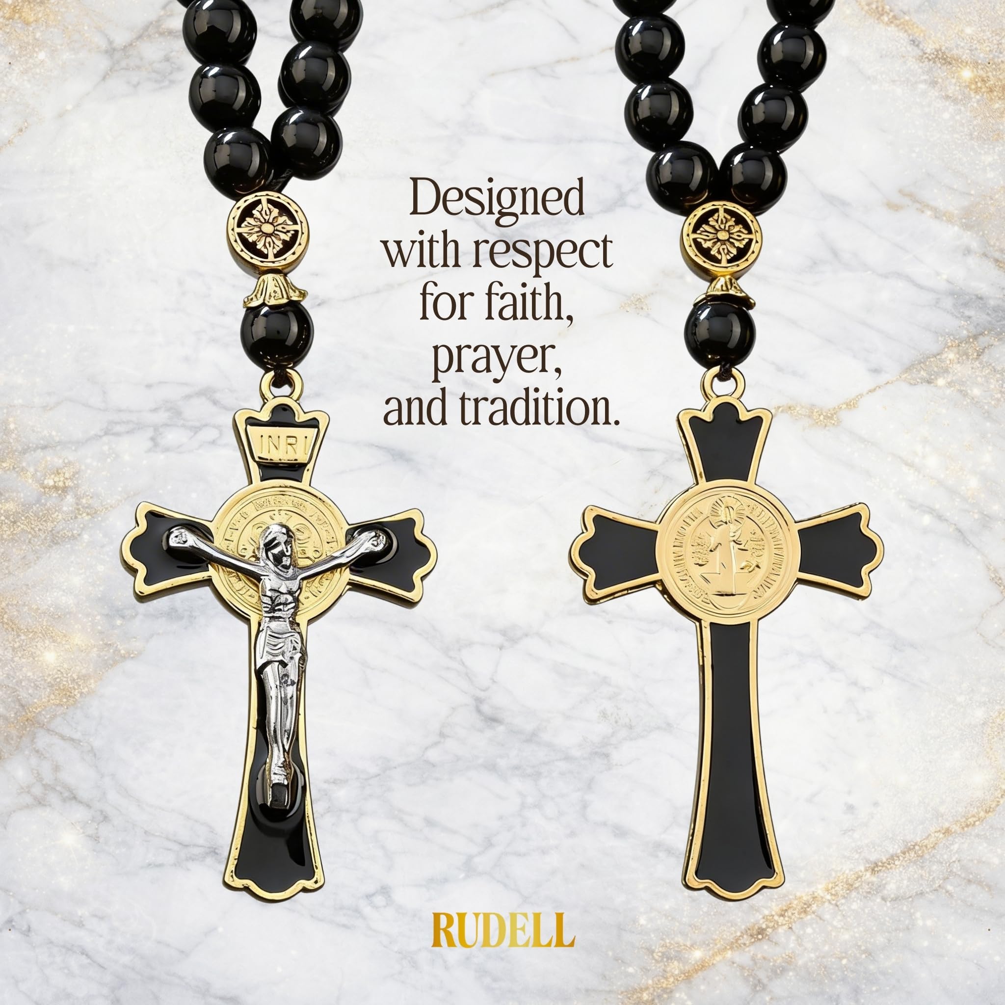 RUDELL rosary hanging on rearview mirror demonstrating unobtrusive placement and safety