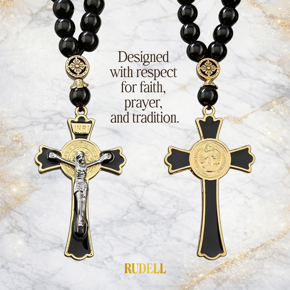RUDELL rosary hanging on rearview mirror demonstrating unobtrusive placement and safety