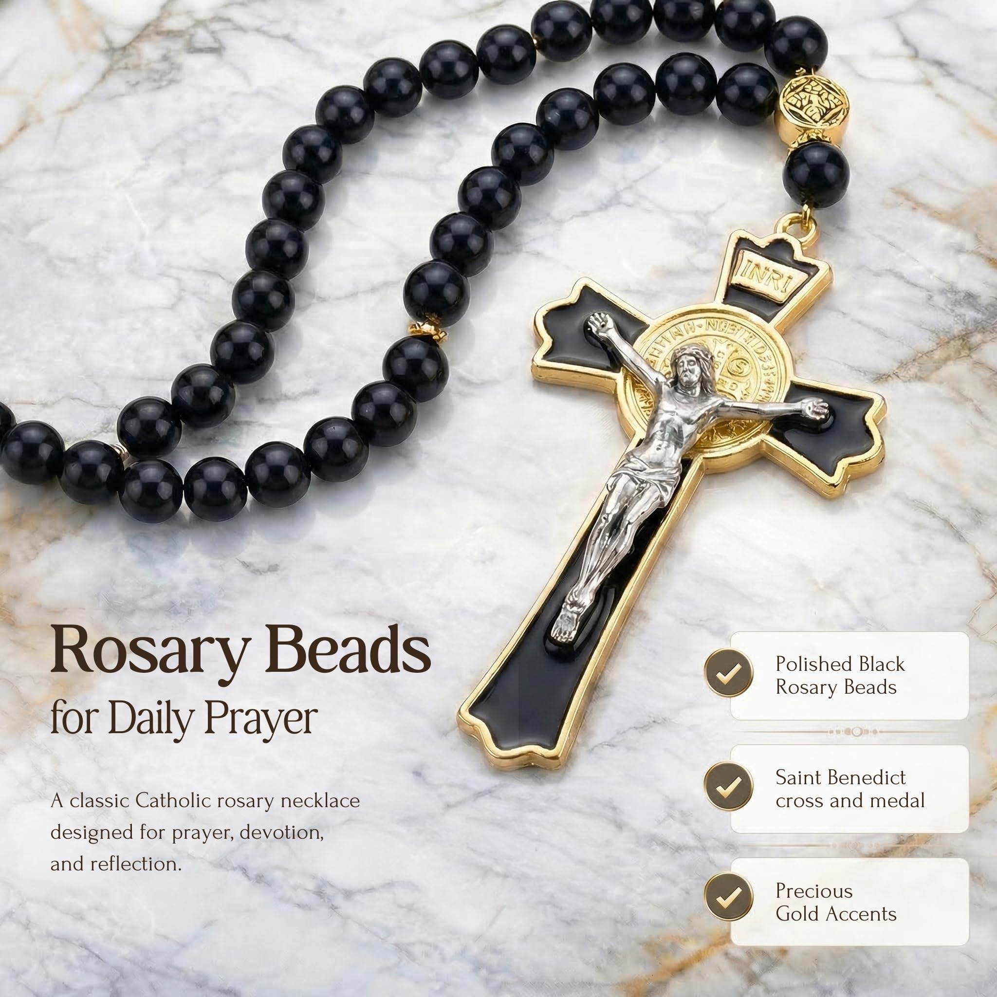 RUDELL rosary beside car keys showing scale and easy portability benefit