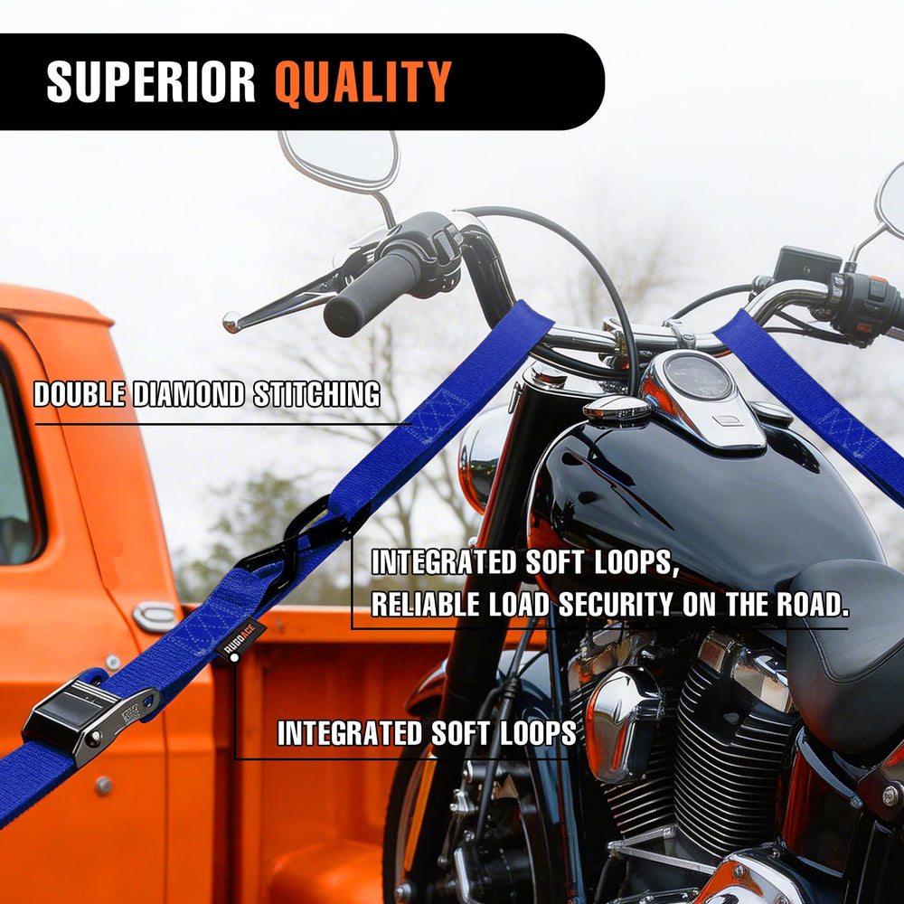 RUGOACE straps holding motorcycle on trailer, stable load during travel