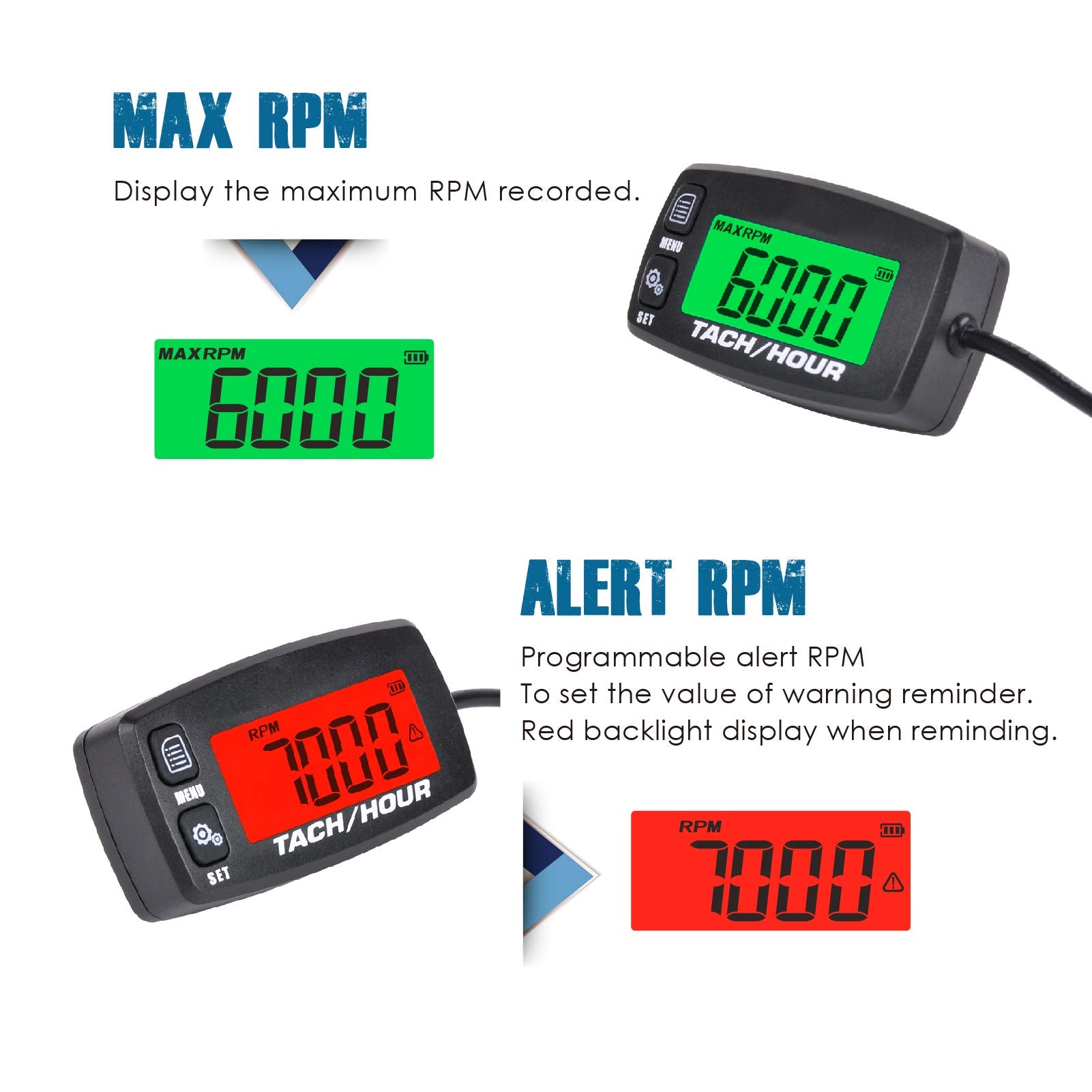 Runleader RL-HM032A red backlight activated indicating RPM alert for safer operation