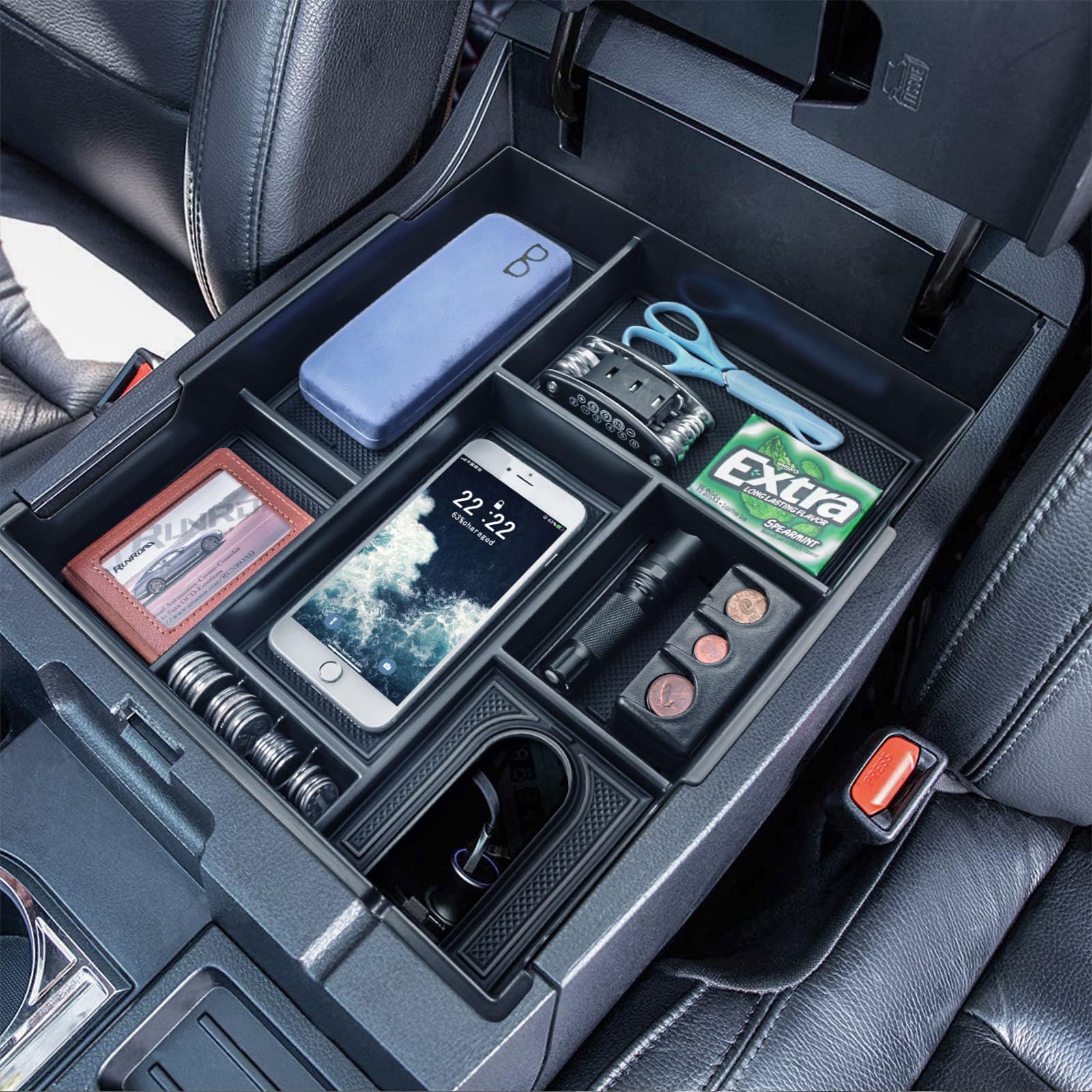 RUNROAD front view of center console tray showing organized compartments and clean finish