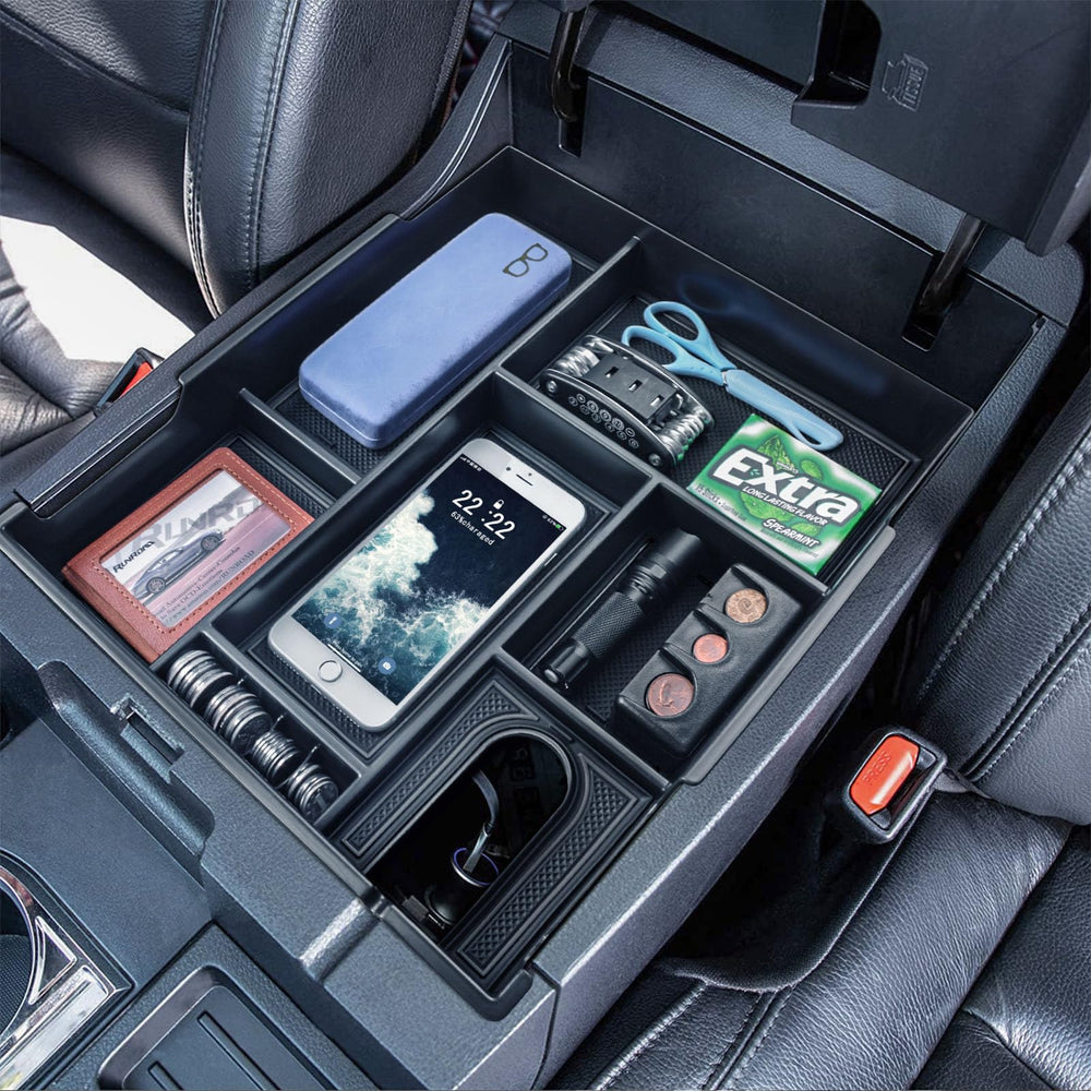 RUNROAD front view of center console tray showing organized compartments and clean finish