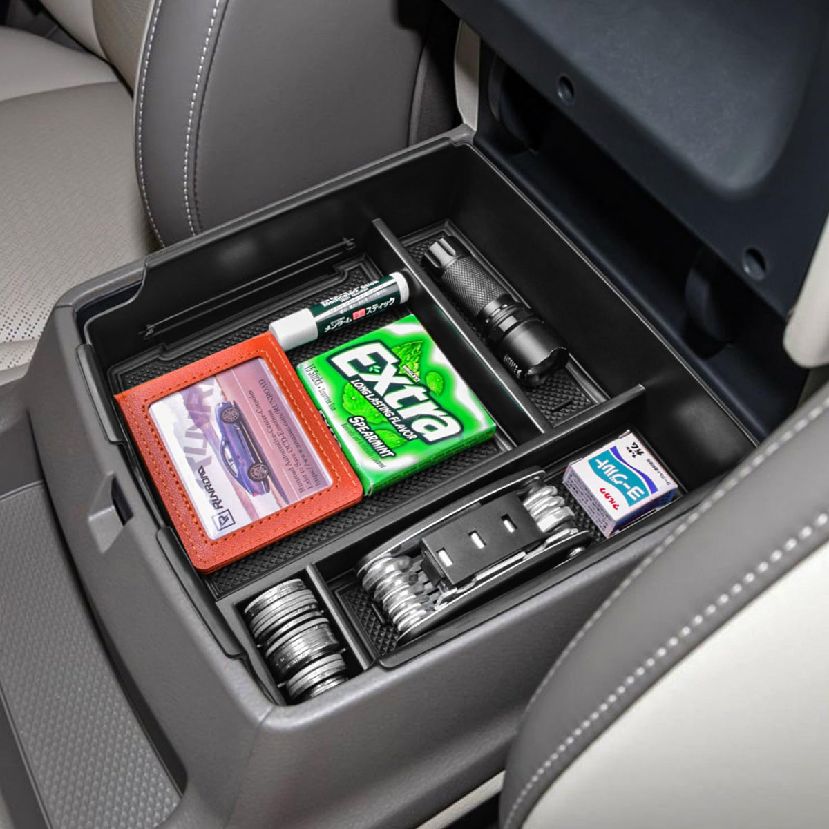 RUNROAD front view of center console tray showing clean fit and quick access