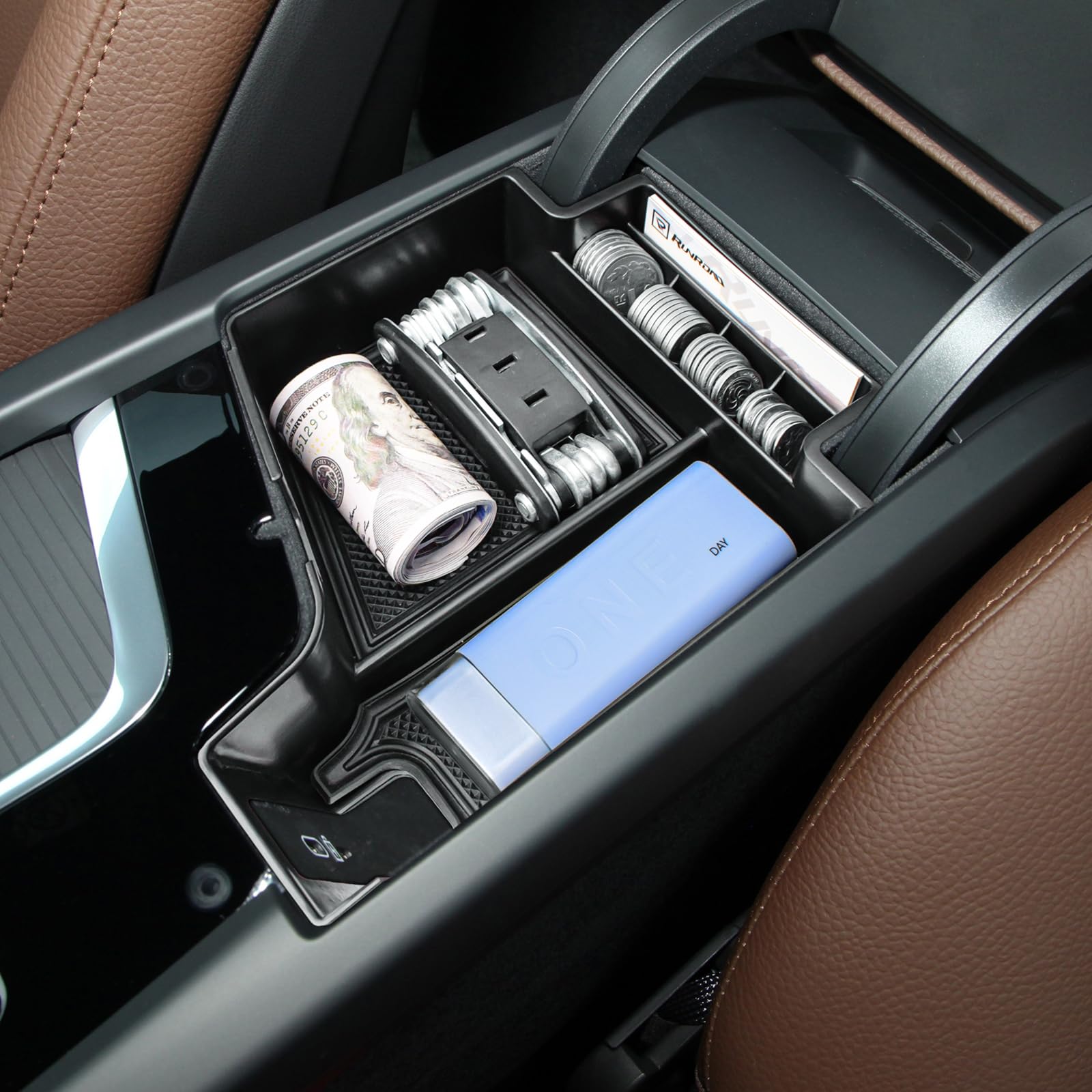 RUNROAD front view of console tray showing clean fit and organized storage benefit