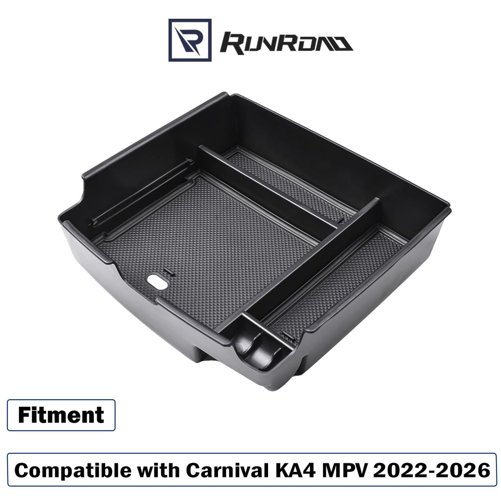 RUNROAD close-up of tray seated in Kia Carnival armrest for organized storage