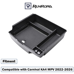 RUNROAD close-up of tray seated in Kia Carnival armrest for organized storage