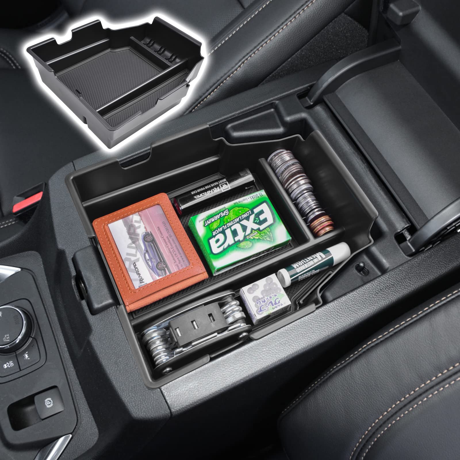 RUNROAD front view installed in Traverse console showing neat organized storage