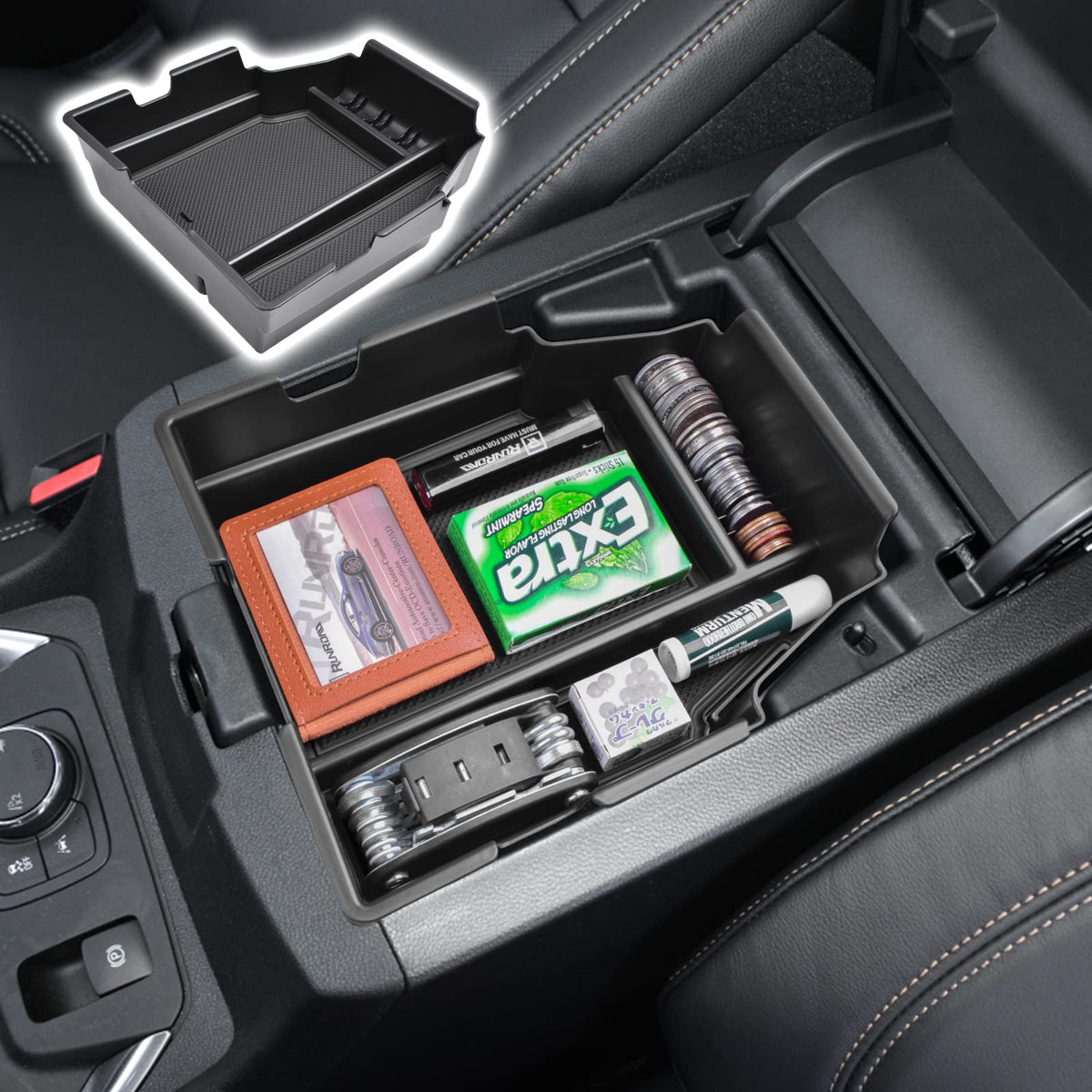 RUNROAD front view installed in Traverse console showing neat organized storage