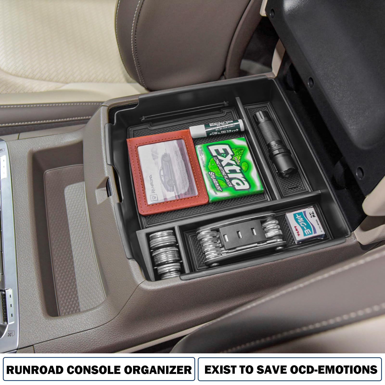 RUNROAD lifestyle photo of tray in Kia Carnival interior for clutter-free trips