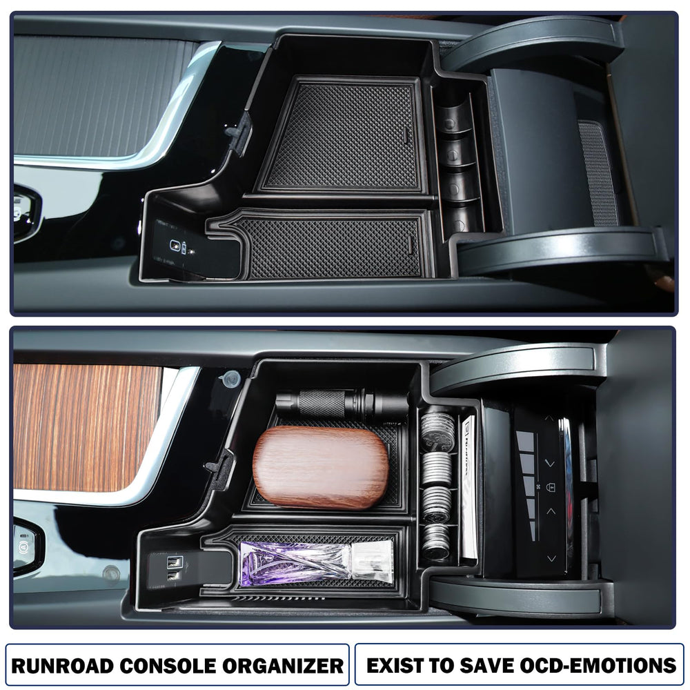 RUNROAD tray installed in Volvo console showing organized interior convenience