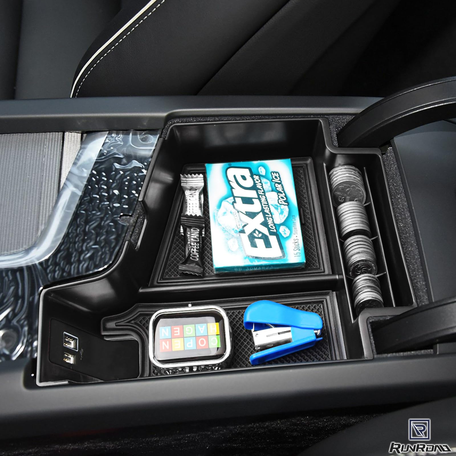 RUNROAD removed tray showing deeper lower compartment for hidden storage