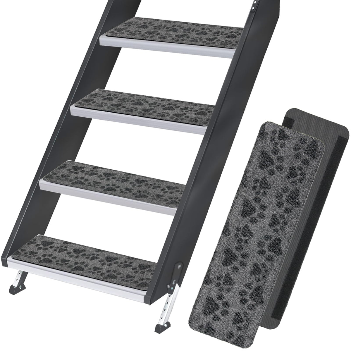RUNROLE front view of four-pack step covers showing packaging and dimensions, protective benefit