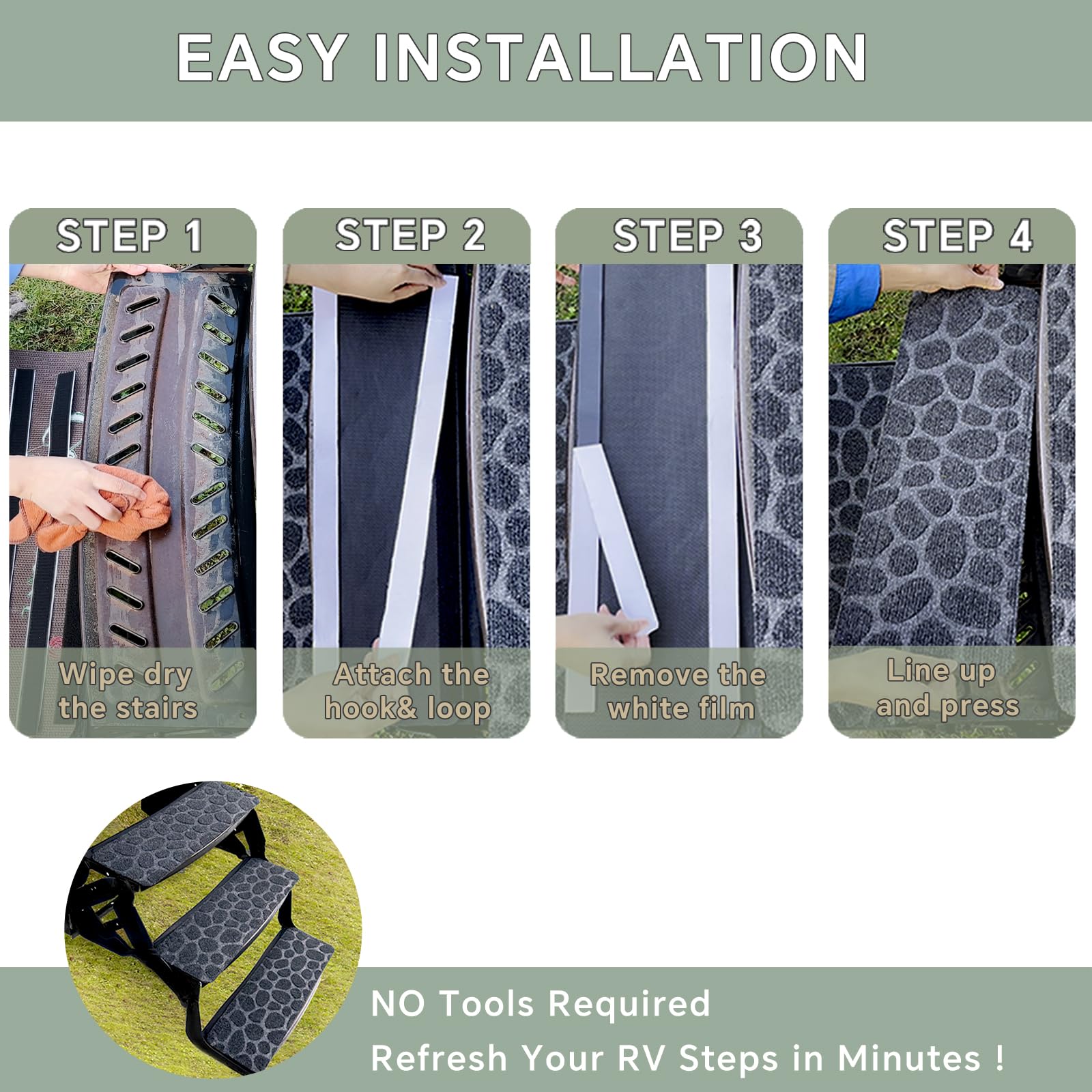 RUNROLE hook-and-loop fastener detail illustrating easy install and secure hold