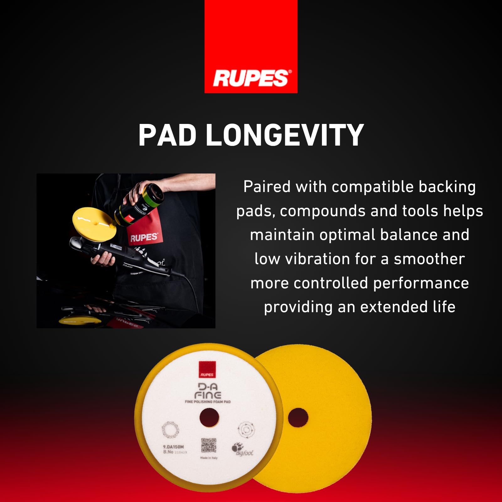 RUPES pad in use on car panel with dual action polisher for improved gloss