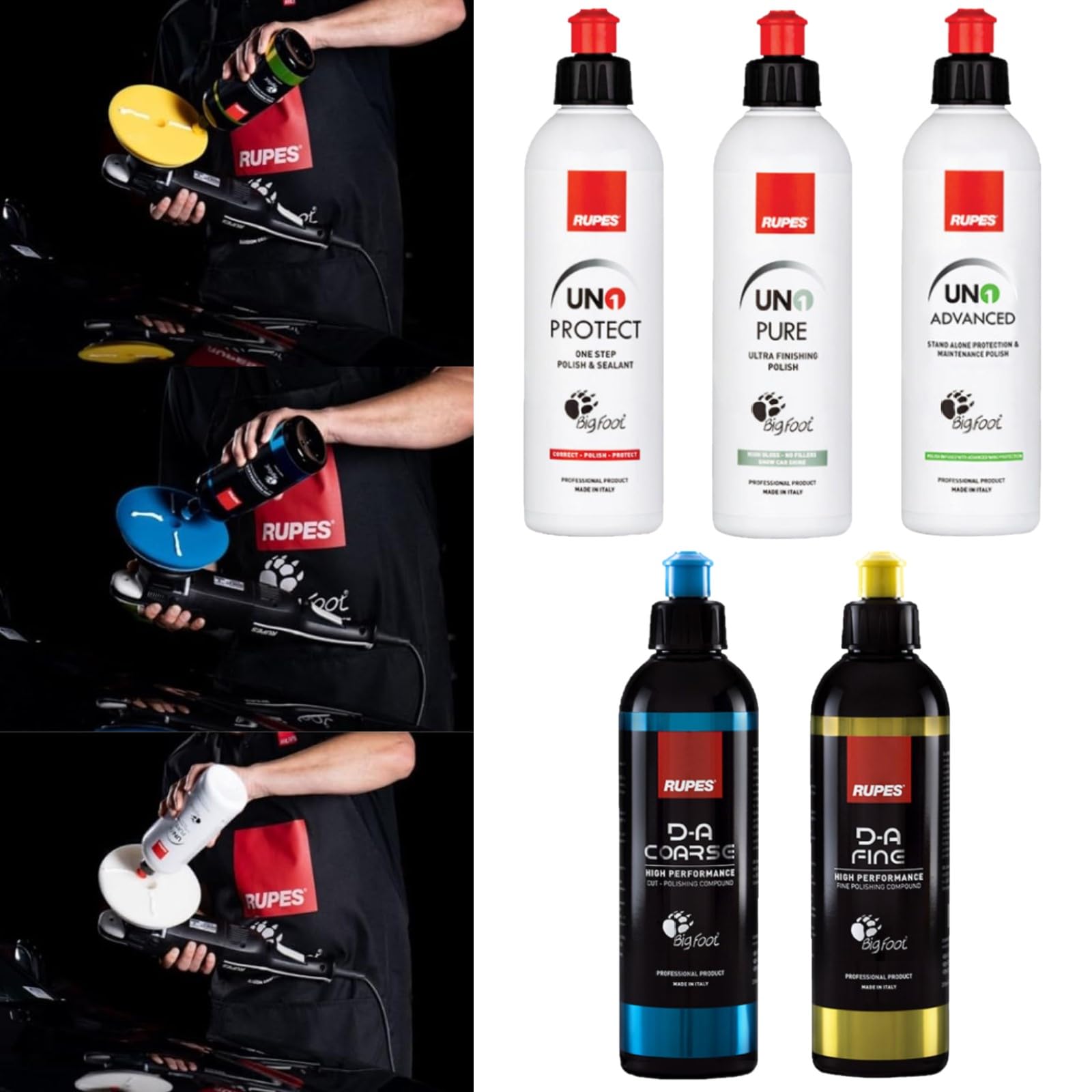 RUPES lifestyle detailing setup on car hood showing professional finish benefit