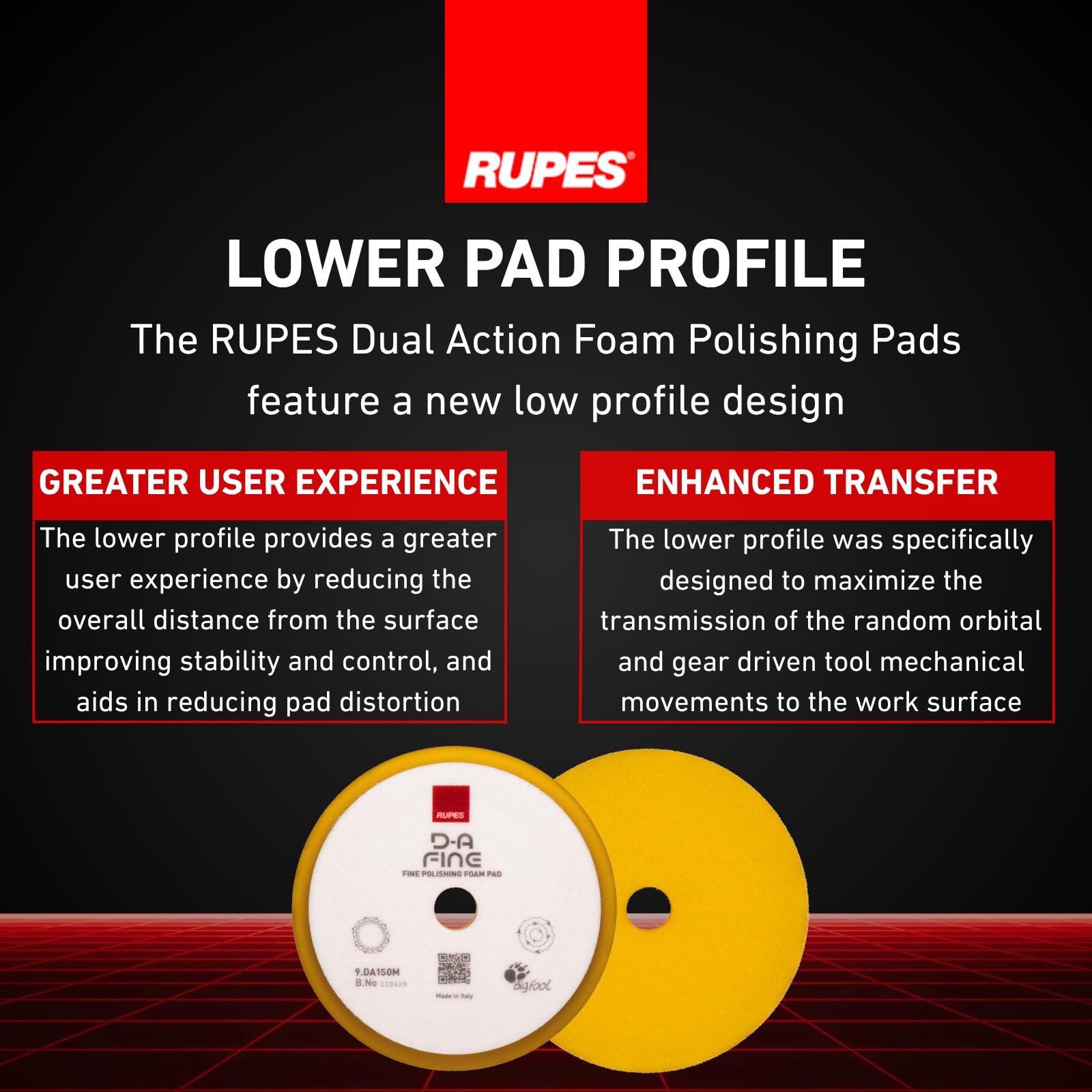 RUPES pad next to ruler showing 150mm scale and easy size matching for backing plates