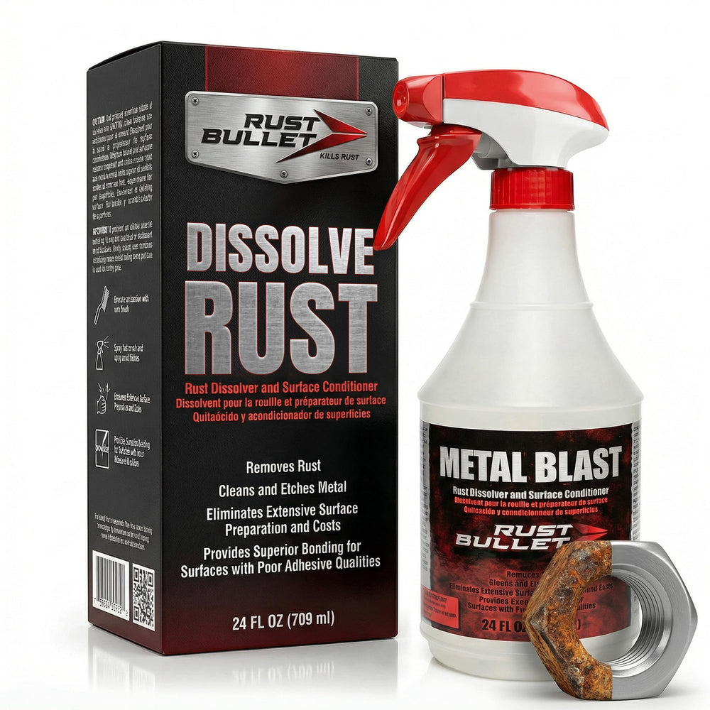 RUST BULLET bottle front label showing product identity and ease of use