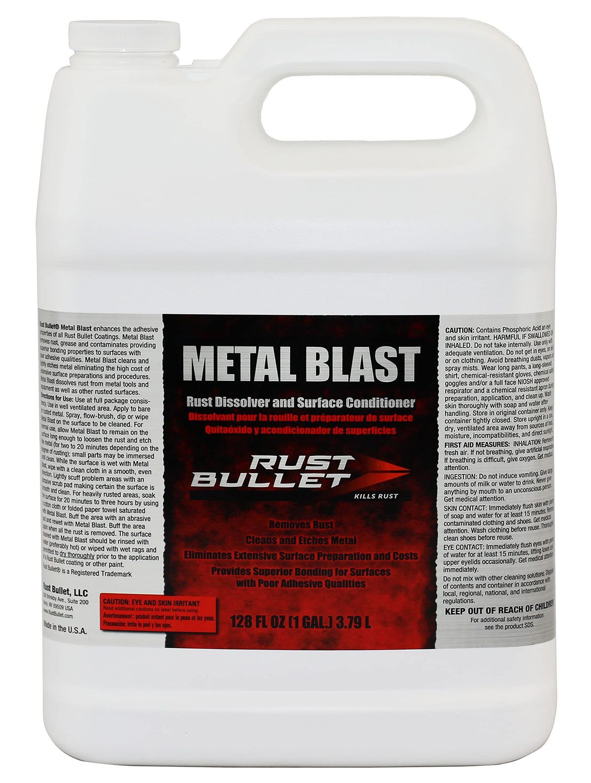 RUST BULLET front label on one‑gallon Metal Blast showing product identity and size benefit